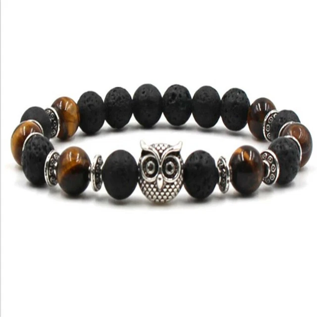 8mm Volcanic Tiger Eye Gemstone owl mala Bracelet 7.5inches Yoga Reiki Healing