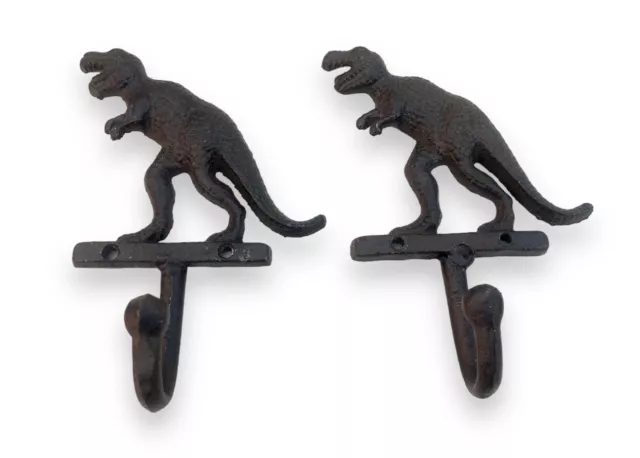 PAIR 7" Dinosaur T-Rex Wall Hook Cast Iron Key Towel Coat Hanger Rustic Brown