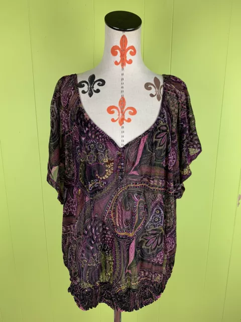 Apt 9 Womens 2XL Black Purple Floral Pullover Tunic Short Sleeve Stretch Top