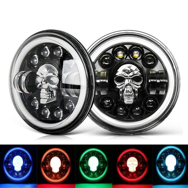 2x 7" inch Round RGB Skull LED Headlights Halo DRL For Jeep Wrangler JK LJ TJ CJ