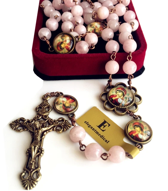 Pink Crystal Quartz Beads Antiqued Catholic 5 DECADE Rosary Bronze Crucifix