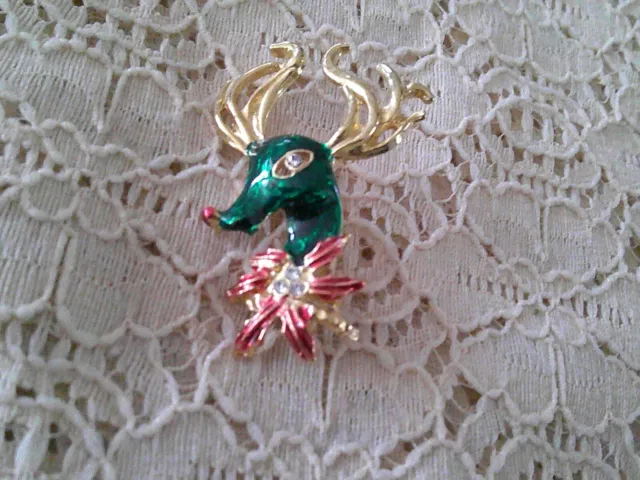 Cute Green & Red enameled gold tone Rudolph the red nosed Reindeer pin