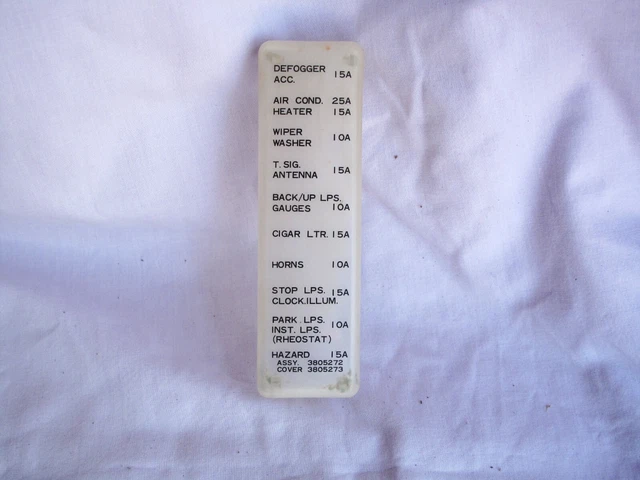 Valiant fuse box cover 3805273, Chrysler Charger Pacer Ranger SLE CM CL VH VJ VK