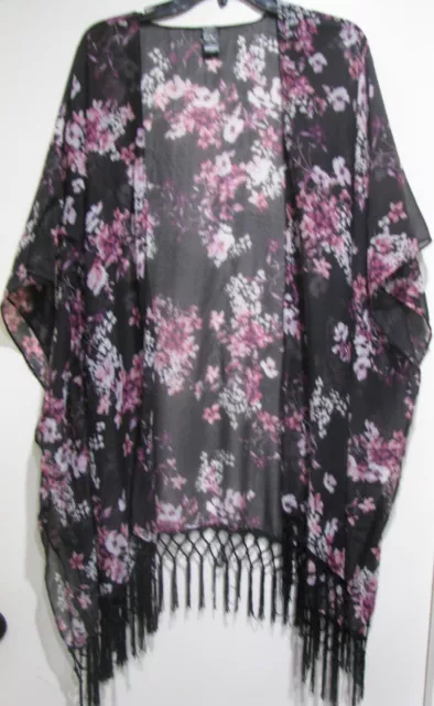 Black Polyester Kimono, Pink & White Floral, W/Black Fringe, by Mixit, One Size