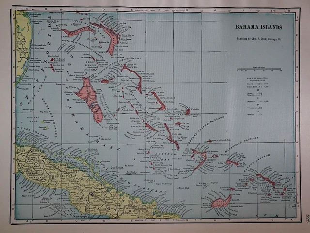 Old 1902 Cram Atlas Map ~ BAHAMA ISLANDS ~ (LG13x18) #1378