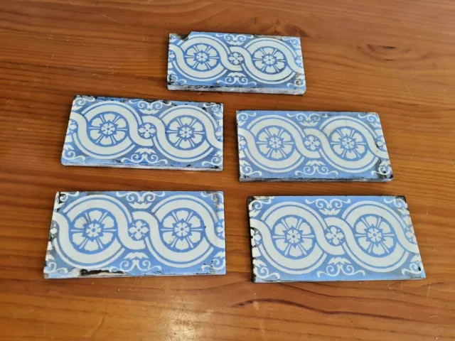 Set Of 5 Antique Minton Blue & White Ceramic Tiles 6" X 3"