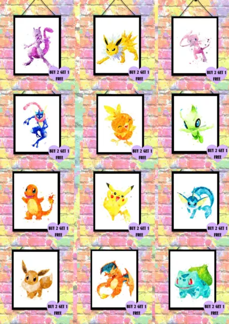 BUY 2 GET 1 FREE POKEMON Watercolour Print Poster Wall Art A4