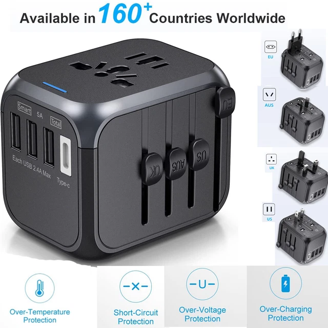 International Travel Plug 4 USB Power Adapter Type C Worldwide 5A Universal