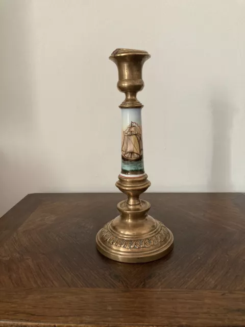 Bougeoir en laiton et porcelaine décor mer bateau voilier