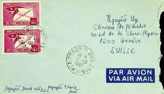 Vietnam 1967 10d 2v Auf Luftpost Abdeckung Sich Geneve Schweiz