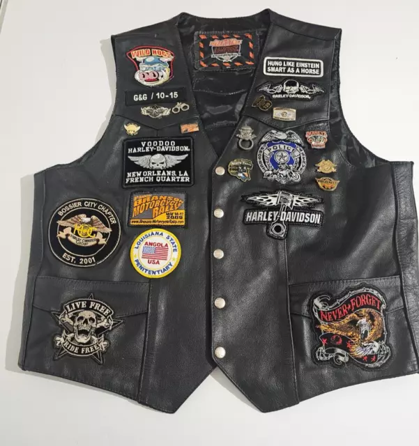 Interstate Leather Vest Mens XL Black Motorcycle Snap Up Harley Davidson Patches