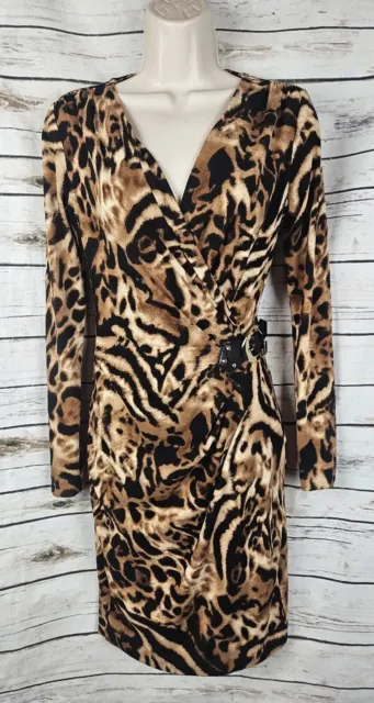 Cache Brown Animal Print Dress XS Ruched Faux Wrap Leopard Long Slv