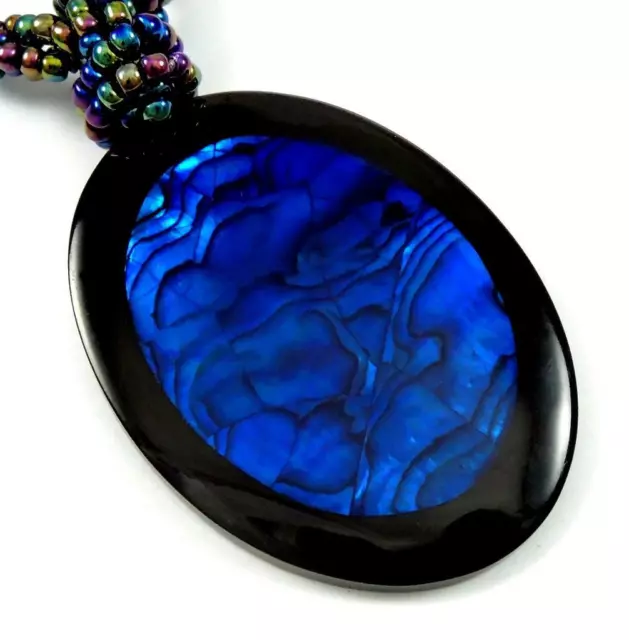 Paua Abalone Shell Pendant Set in Blue Resin Beads Necklace Women Jewelry BA367