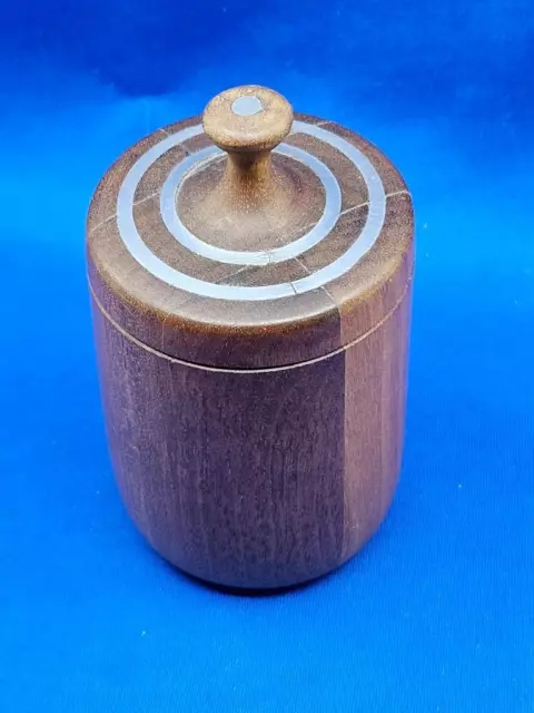 Vtg Hand Turned Wood Small Primitive Lidded Trinket Storage Box Metal Inlay 4"