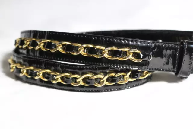 CHANEL Waist Belt Black Patent Leather Gold Plated Chain Size 75/30 Authentic