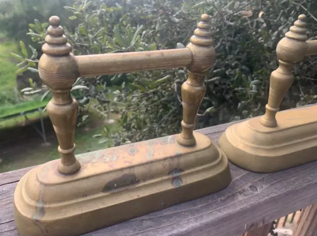 Antique Cast Brass Fireplace Fire Dogs Andirons Tool Rests Patina Heavy Set of 2 2