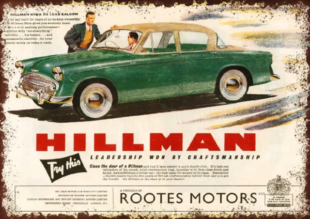 Hillman Mini Auto 1950er Jahre Werbung Vintage Retro Stil Metallschild, Geschenk, Herrenschuppen