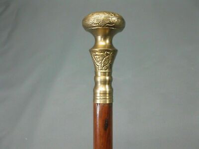 Great Solid Antique Solid Brass Handle Wood Walking Stick Cane Vintage Designer