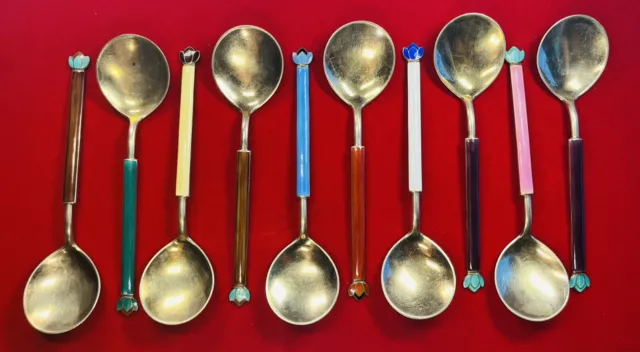 Antique Norwegian David Andersen Enamel Sterling Silver Large Spoons Set of 10