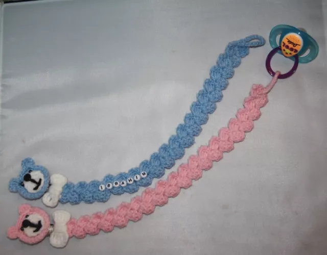 Handmade crochet baby pacifier dummy holder / clip / personalised dummy holder 2