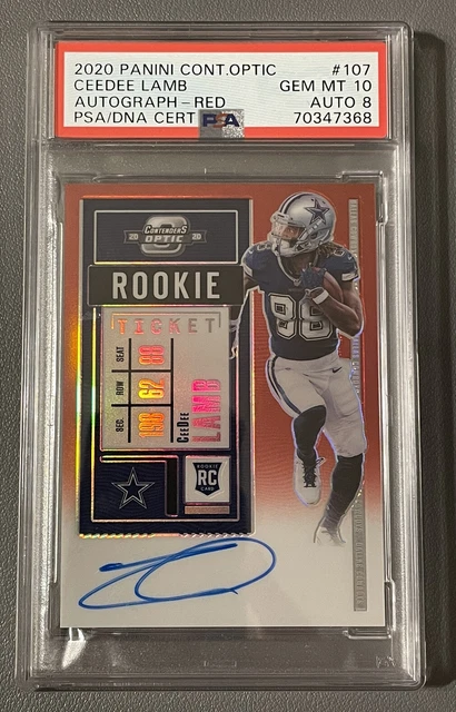 2020 Panini Contenders Optic Red /175, #107 CeeDee Lamb RC Auto PSA 10, Auto 8