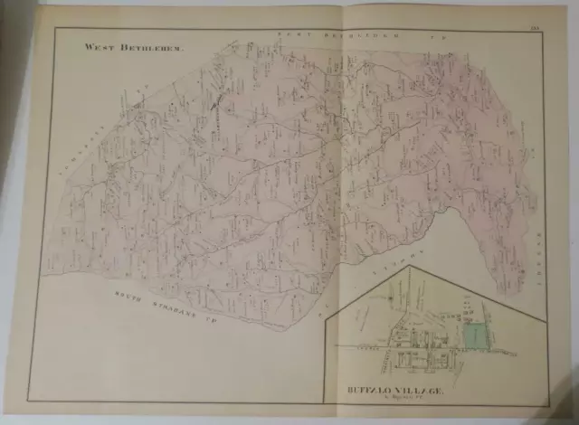 Hand-Colord 1877 Map,W. Bethlehem Township,Buffalo Village,Washington County,Pa