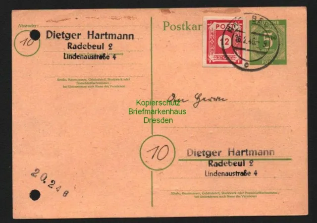 B8524 Postkarte Ganzsache SBZ 63 Ostsachsen Radebeul 1946