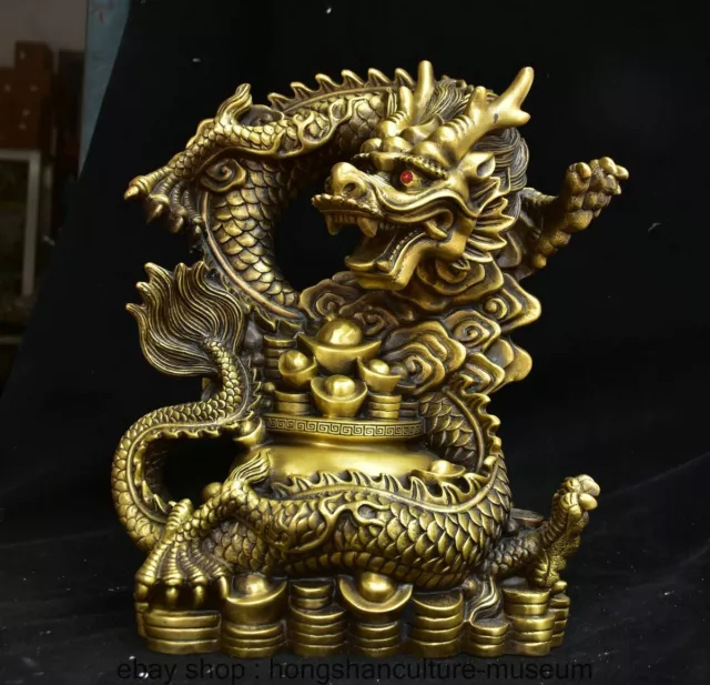 14 " Old Chinese Bronze Dynasty Fengshui Dragon Wealth Statue Sculpture