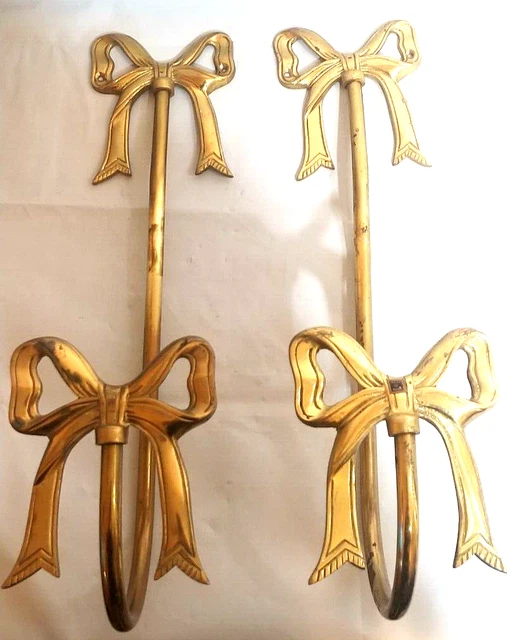 Antique Solid Brass Pair Bow Towel Hooks Hangers 14" x 5"