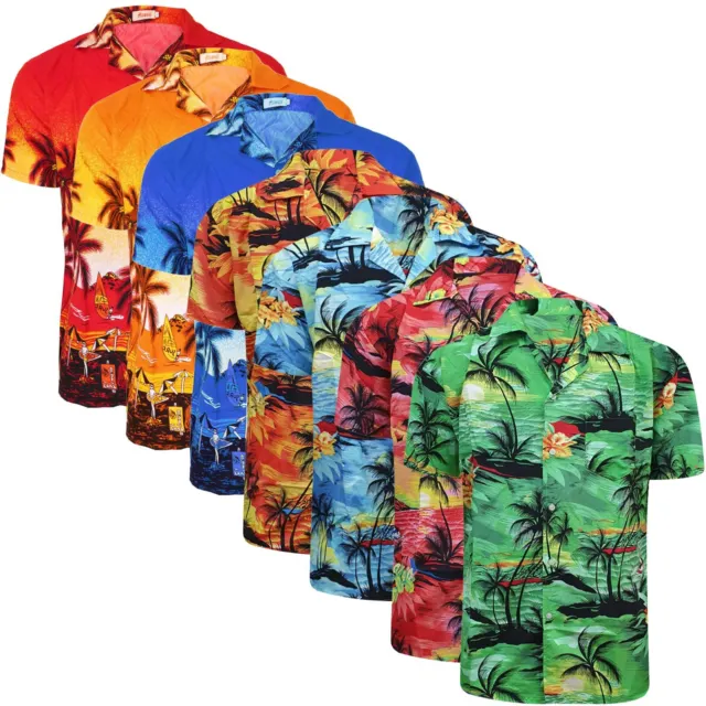 Mens Hawaiian Palm Sunset Printed Shirt Stag Beach Party Fancy Dress Holiday New