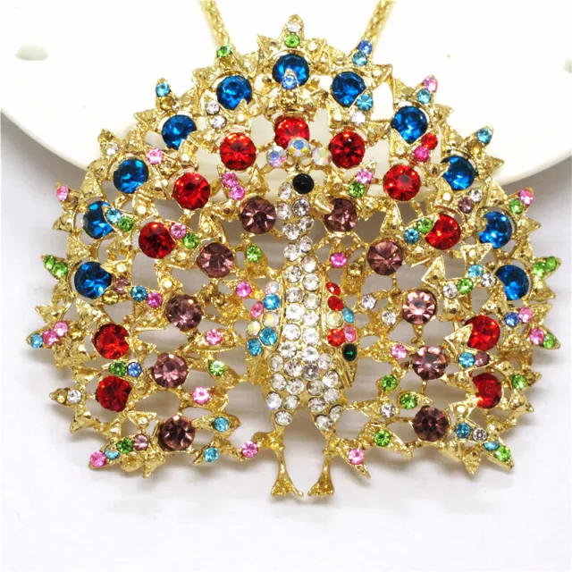 New Betsey Johnson Colorful Crystal Bling Peacock Animal Pendant Chain Necklace