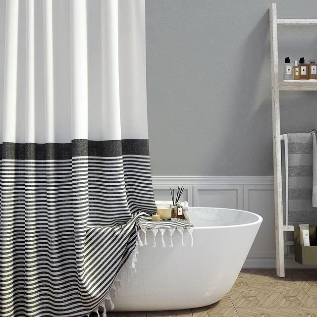 Modern Farmhouse Fabric Shower Curtain Boho Black and White Striped Cotton Cloth