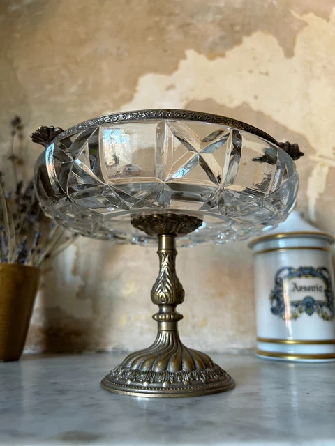 COUPE SUR PIED ANCIENNE VERRE NID DABEILLES MONTURE REGULE PEINT GRIS Deco D 152854