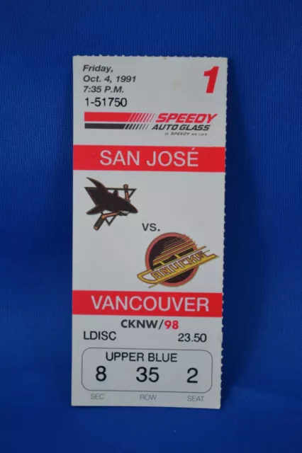 1991 VANCOUVER CANUCKS TICKET STUB SAN JOSE SHARKS first ever game