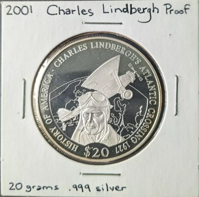 2001 History of America Charles Lindbergh $20 PROOF.999 SILVER LIBERIA COIN