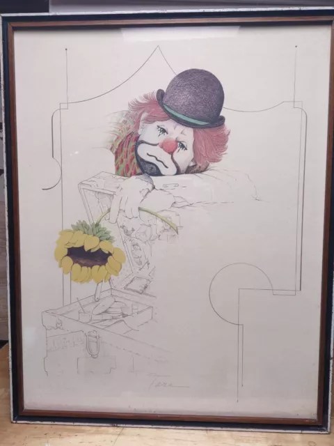 Clown Sketch Picture, William Tara, 70's, artist signed In Full Wood Frame