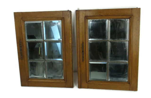 Pair Antique   Carved Wood Door Panels Beveled Glass  Architectural Salvaged
