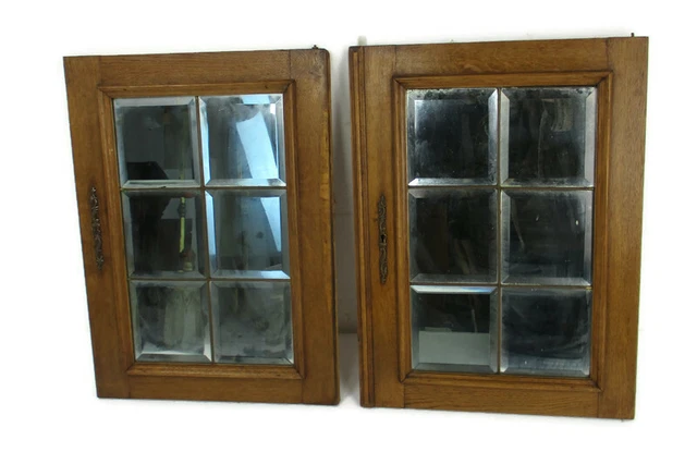 Pair Antique   Carved Wood Door Panels Beveled Glass  Architectural Salvaged
