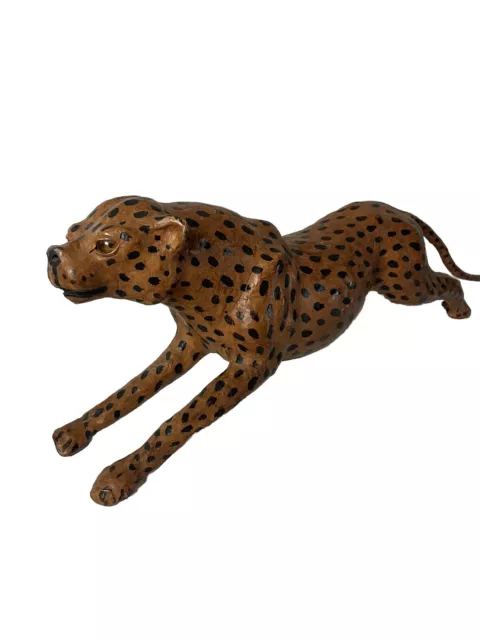 Vtg Leather Wrapped Leopard Cat Statue Ready To Pounce! 18”