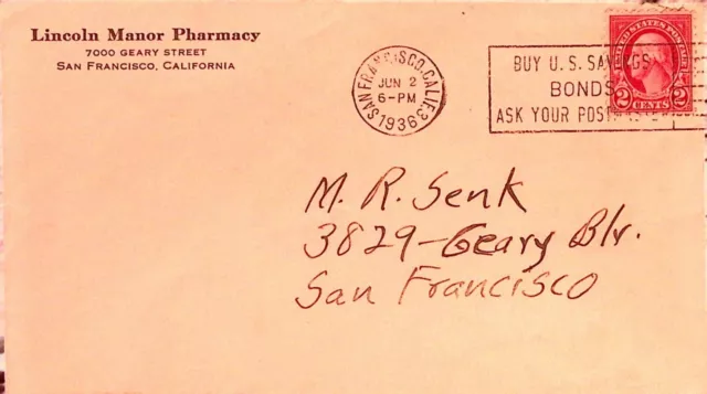 Lincoln Manor Pharmacy San Francisco California Envelope 1936