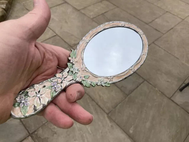Vintage Rich Enameled & Intricate Hand Held Mirror & Small Crystals