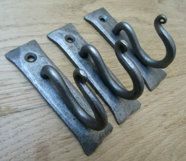3 x CURLY HOOK ON BACKPLATE hand forged blacksmith rustic vintage hanging hooks