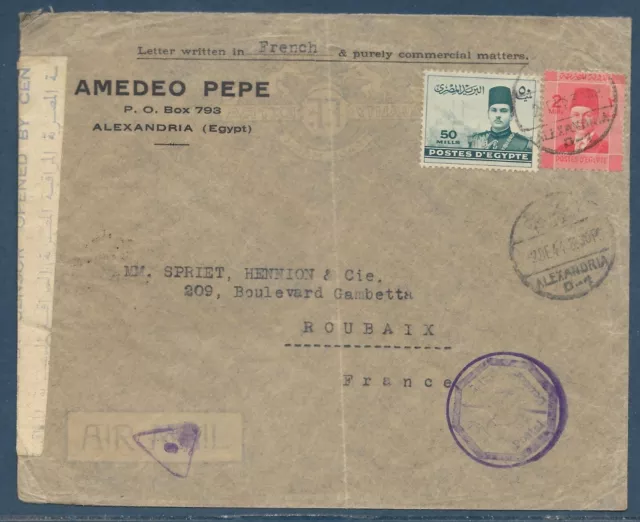 Lettre par avion d’Egypte pour la France obl. Alexandrie 2.12.1944 avec censures