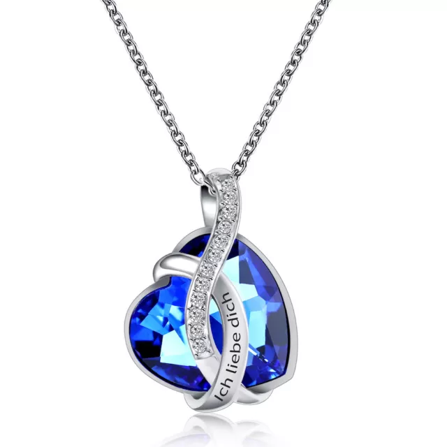 Damen Halskette Herz Anhänger Blau Herz Kette Zirkonia Gravur Geschenk Liebe Neu