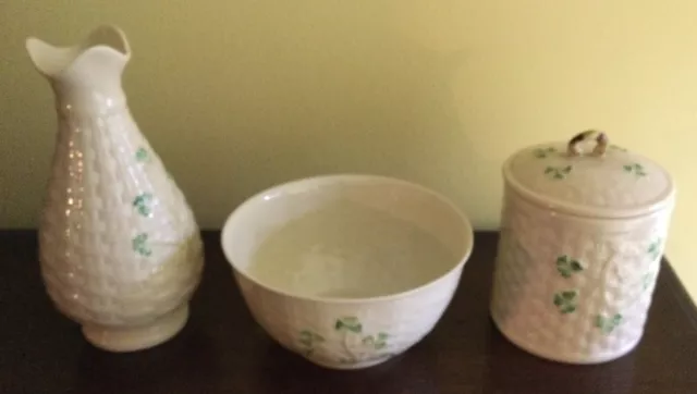 Belleek Ireland Shamrock Group of Spill Vase and Cereal Bowl, Lidded Jam Pot.