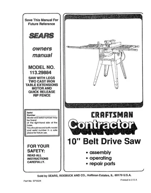 Owner's Manual & Parts List  Sears Craftsman 10” Table Saw - Model 113.29884