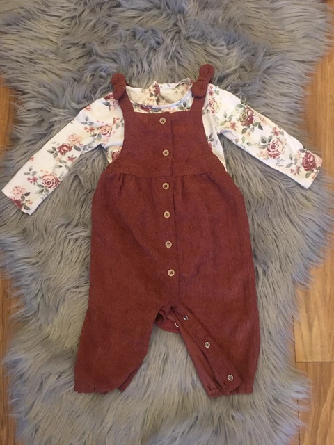 TU Girls Vintage Rose Bodysuit& Corduroy Dungaree Set Size 6-9 Months