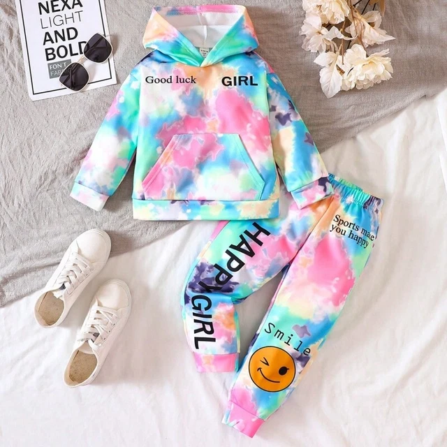 Kids Girls Tie Dye Hooded Hoodie Tracksuits Sweatshirt Tops Pants Outfits Set UK