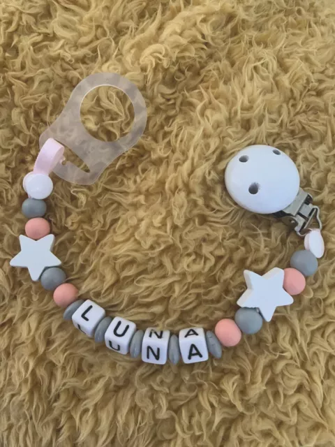 Personalised Baby Dummy Clip Strap Shower Christening PEACH Free Mam Adapter