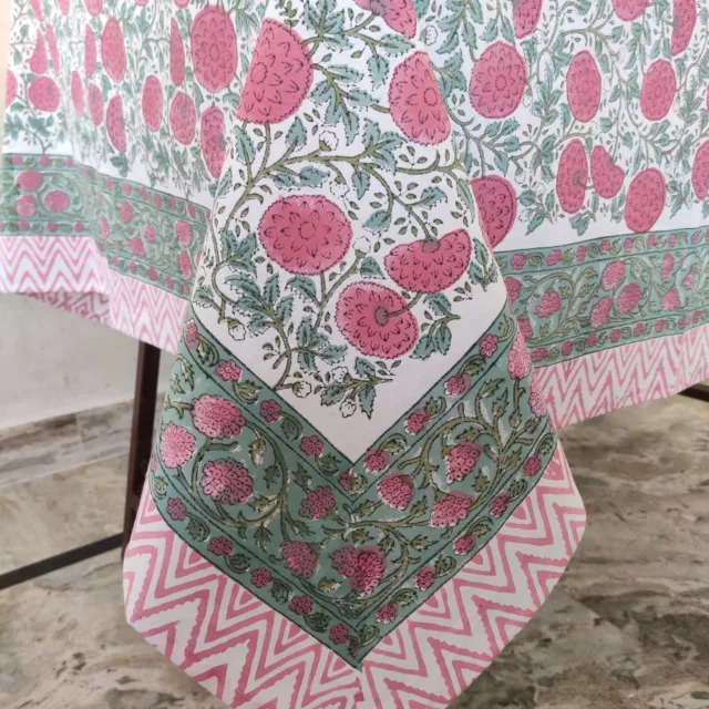 Pink and Green Hand block print cotton table cloth Custom table linen for party